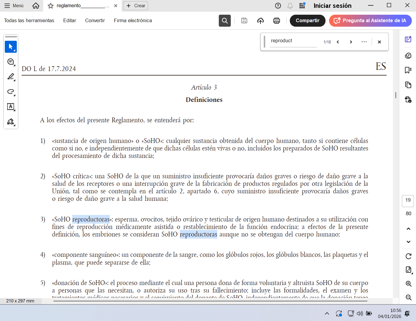 El Reglamento SoHO europeo considera al ser humano recién concebido como «sustancia de origen humano»